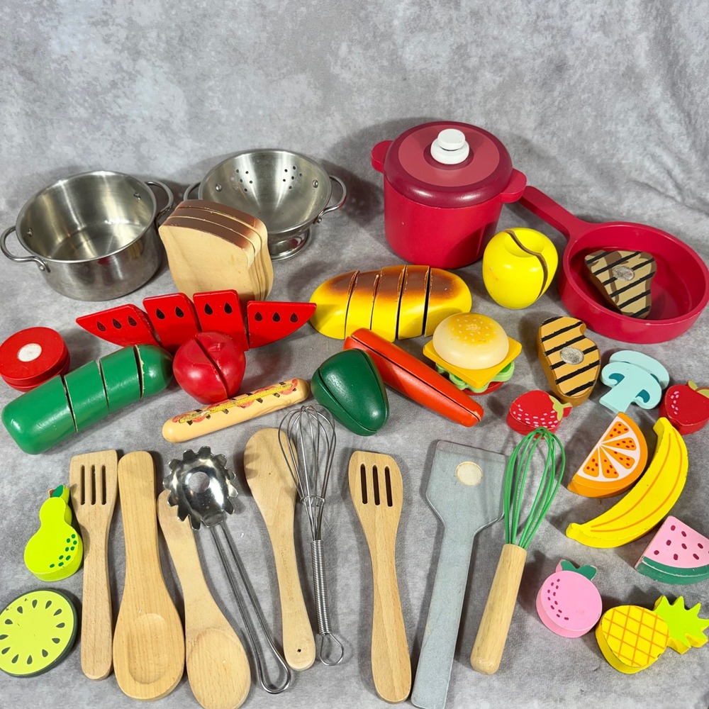 Melissa & Doug Wooden Play Food Lot Metal Pots Pans Utensils Cutting 60 Pc Set